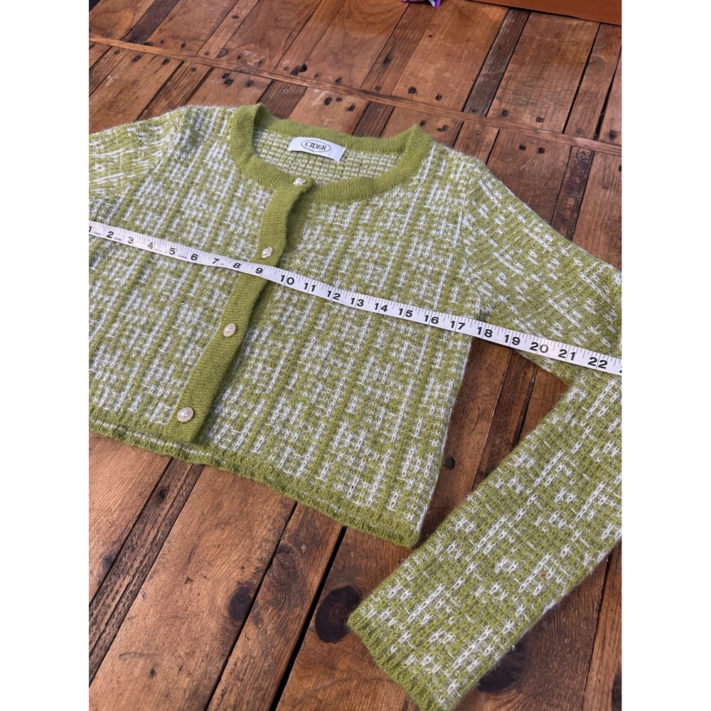 Cider Olive Green & White Tweed Cropped Cardigan Sweater - Picture 6 of 10